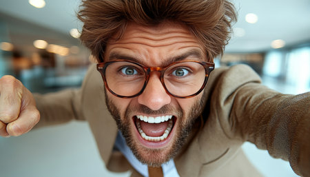 Exuberant Businessman with Wild Hair and Glasses, Celebrating Success with Enthusiasmの素材