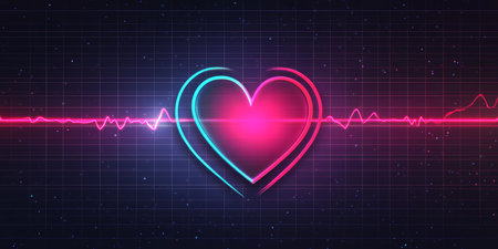 Digital Glowing Neon Heart with Red Heartbeat Trace, Smooth Lines On Dark Backdrop, Grid Backgroundの素材