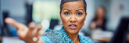 Angry businesswoman gesturing furiously Stress, harassment and burnout in a corporate office.の素材