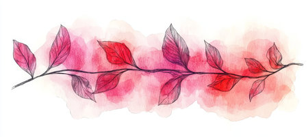 Watercolor Blush Vine, Romantic Floral Illustration, Delicate Line Art on Pink Backgroundの素材