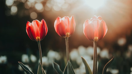 Three Vivid Pink Tulips Bloom in a Sunny Field, Close-Up Shot with Blurred Backgroundの素材