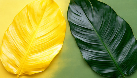 Vibrant Green And Yellow Green Tropical Leaf, Minimalist Botanical Background, Studio Shotの素材
