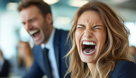 Joyful Business Team, Man and Woman, Erupts In Laughter. Workplace Humor Team Camaraderie.の素材