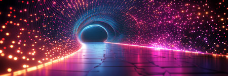 Neon Lights Tunnel, Abstract Digital Background with Vibrant Blue and Purple Glowing Particlesの素材