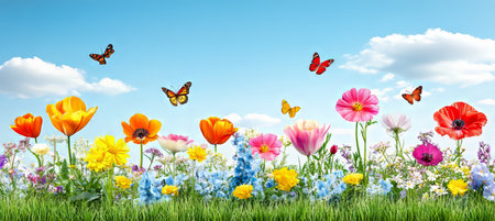 Blooming Spring Garden Vibrant Flowers And Butterflies Under Blue Sky With Fluffy Cloudsの素材