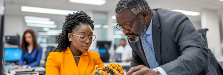 Experienced Businessman Guides Younger Colleague on Robotics Project in Busy Office Environmentの素材