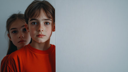 Curious siblings, brother and sister peeking from behind a white wall. Studio portrait.の素材