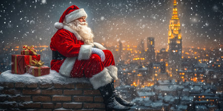 Santa Claus Taking a Break Atop a Snowy Roof, Overlooking a Festive City at Christmas Timeの素材