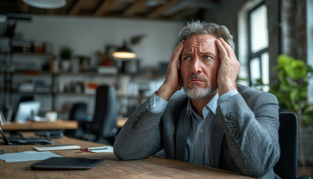 Stressed Businessman with Headache, Holding Head at Desk in Busy Office, Natural Lightの素材