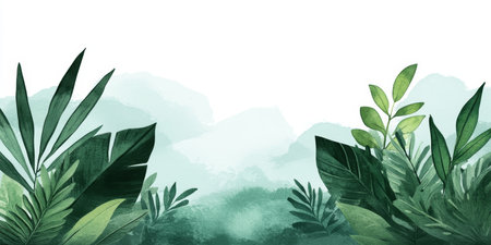 Elegant Pastel Teal Watercolor Background With Lush Tropical Leaves, Airy And Dreamy Textureの素材