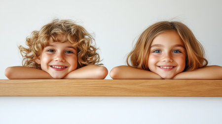 Two cheerful siblings with curly hair peeking over a wooden table, isolated on white background.の素材