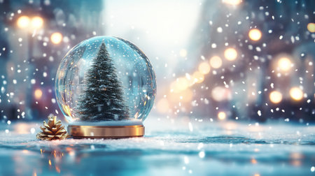 Christmas Snow Globe, Pine Cone, Falling Snow, And Abstract City Lights As Backgroundの素材