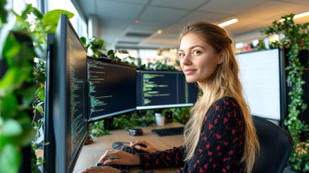 Female Programmer Focused On Code On Dual Monitors In Green Office Building SaaS Platformの素材