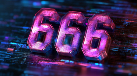 Illuminated Digital Number 666 on Futuristic Circuit Board Background, Concept of Mysteryの素材
