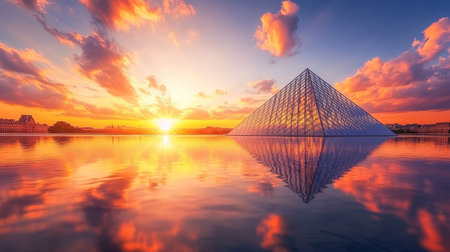 Glass Pyramid Reflected in Calm Water at Sunset with Vibrant Cloudy Sky, Paris, France.の素材