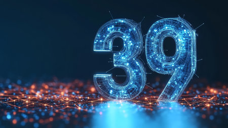 Digital Number 39 Shining In Dark Digital Space With Abstract Network Ground And Particlesの素材