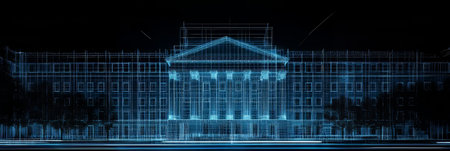Digital Network, Blue, Dotted Wireframe of Government Building at Night, Illustrationの素材