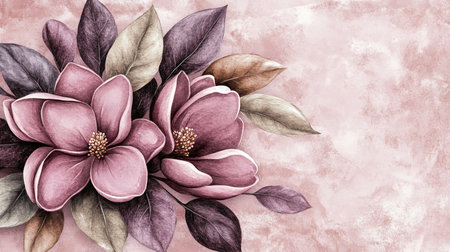 Elegant Mauve Magnolias, Watercolor Illustration on Pink Textured Background, Dreamy Design Elementの素材