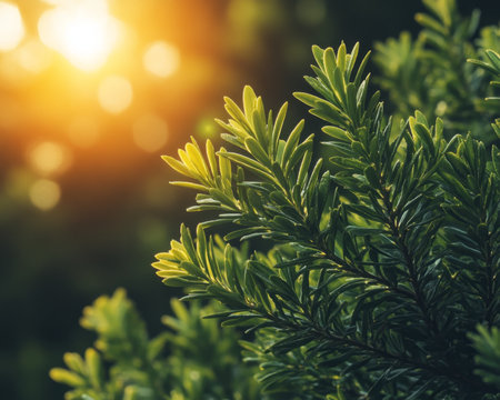 Sun-Drenched Greenery, Abstract Garden Scene, Bokeh Effect, Golden Hour Glow, Nature Background.の素材