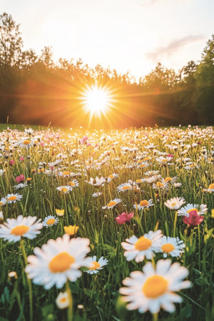 Sunset Meadow Bloom, Vibrant Wildflowers, Golden Hour Tranquility, Summer Nature Backgroundの素材