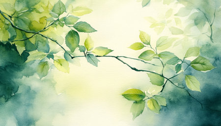 Gentle Watercolor Botanical Illustration, Serene Green Leaves on Soft Teal and Yellow Backdropの素材