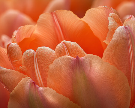 Pink Peach Tulip, Close Up, Petals, Sunlight, Shadows, Macro Details, Gentle Creamy Bokehの素材