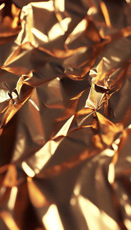 Abstract Gold Crumpled Foil Texture, Shiny Metallic Reflective Background, Dynamic Lighting Effectsの素材