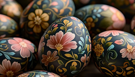 Close Up Detail of Elegant Black Easter Eggs with Intricate Hand Painted Colorful Floral Designs.の素材