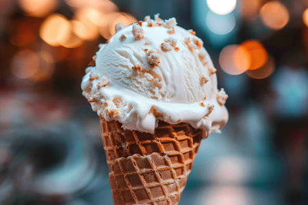 Creamy Vanilla Ice Cream Cone with Crunchy Nut Toppings A Sweet Treat on a Blurred Background.の素材
