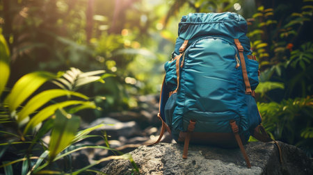 Adventure Awaits Backpack Rests on Rock Along Lush Forest Hiking Trail, Ready for Explorationの素材