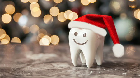 Happy Tooth Wearing Santa Hat for Christmas on Sparkling Background. Dentistry Marketing.の素材