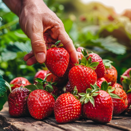 Hand Picking Fresh, Ripe Strawberries, Close-Up Summer s Sweet Bounty From the Gardenの素材