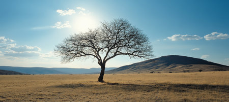 Solitary Tree Stands Tall in Arid Landscape, Bathed in Golden Sunlight, Serene Nature Sceneの素材