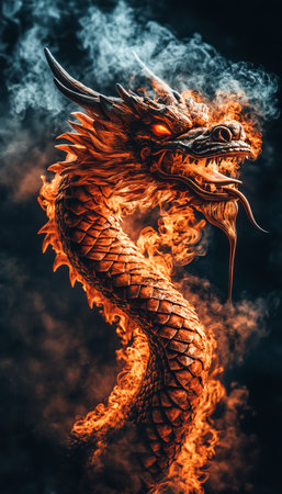 Fiery Chinese Dragon, Fantasy Illustration, Smoke, Flames, Scales, Detail, Digital Artの素材