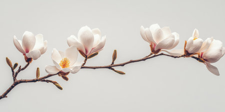 Delicate White Magnolia Blossoms On Branch With Soft Background, Fragility Of Nature.の素材