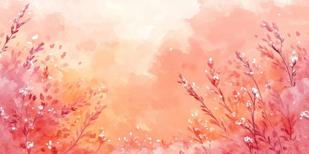 Soft Peach Watercolor Background, Delicate Floral and Leaf Illustration, Gentle and Romanticの素材