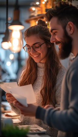 Smiling Couple, Enjoying a Cozy Cafe Atmosphere, Reviews Important Documents Together.の素材
