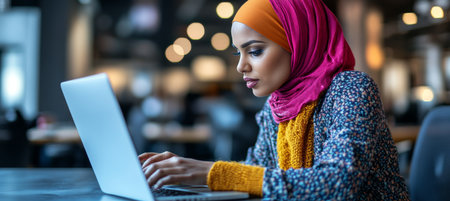 Focused Young Muslim Businesswoman Wearing Hijab Working Remotely on Laptop in a Busy Cafeの素材
