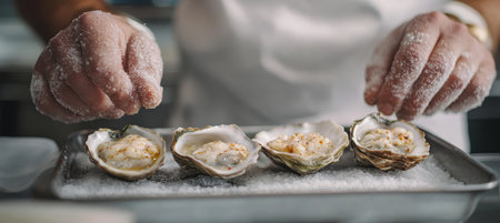 Professional Chef Preparing Fresh Oysters in Restaurant Kitchen, Delicious Shellfish Appetizerの素材