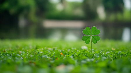 Single Four Leaf Clover in Grass Field, Nature Background for St, Patrick s Day Celebrationの素材