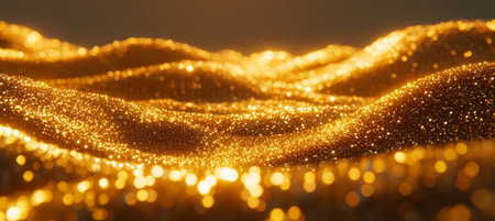 Golden Abstract Sparkling Particles Swirl in Background - CG Backdrop of Glamour and Festivityの素材