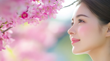 Beautiful Asian Woman with Flawless Skin and Cherry Blossom, Spring Beauty and Skincare Conceptの素材
