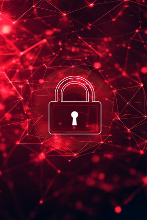 Red Technology Background with Digital Lock Abstract Cybersecurity and Data Protection Concept.の素材