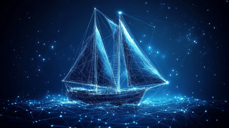 Abstract Digital Boat on Blue Technology Background. Watercraft Symbol in Lines, Dots, Trianglesの素材