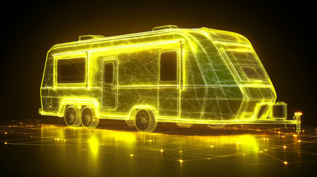 Digital Recreation Illuminated RV Icon on a Tech Background Symbolizing Modern Travel.の素材