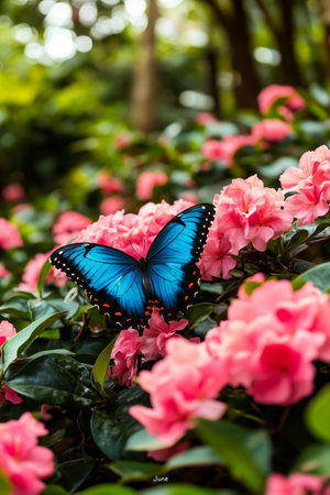 Vivid Blue Morpho Butterfly Rests on Vibrant Pink Azaleas, a Symbol of Summer s Beautyの素材