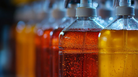 Close-up of Colorful Liquid Dispensers, Refreshing Beverages on Display at a Beverage Counter.の素材