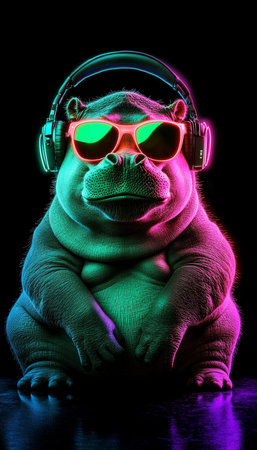 Cool Neon Party Animal Hippo WIth Headphones and Sunglasses, Isolated on Black Background, 3D Renderの素材