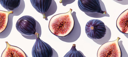 Ripe Purple Figs, Whole and Halved on Neutral Background. Vibrant Color, Juicy Texture.の素材
