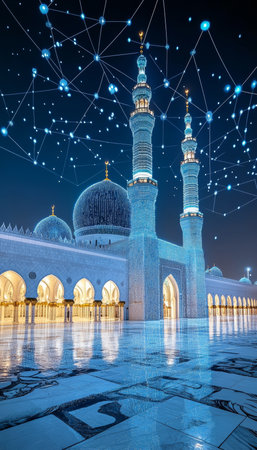 Grand Mosque, Digital Connections Above Symbolizing Faith and Technology in Modern Islamの素材